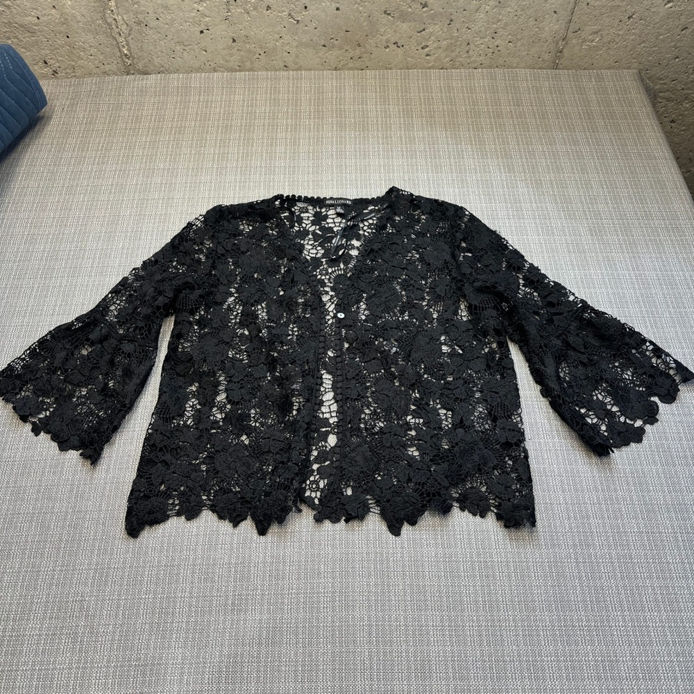 Romantic Black Lace Crochet Cardigan Medium Sheer Boho Fairy Bell Sleeve Layer‎